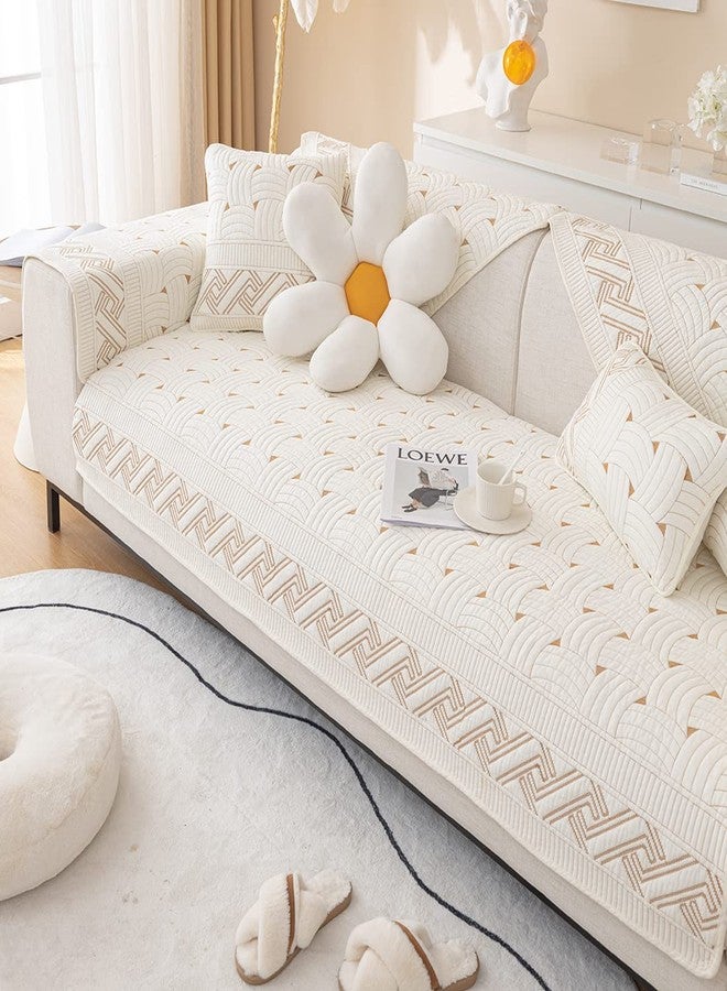 XSlive Farmhouse Cotton Quilted Sofa Cover Weave Pattern Embroidery Sectional Couch Cover Soft Nonslip Sofa Slipcover Furniture Protector Cover for Pets Kids Children Dog Cat (Ivory,28"x28") - Image 1